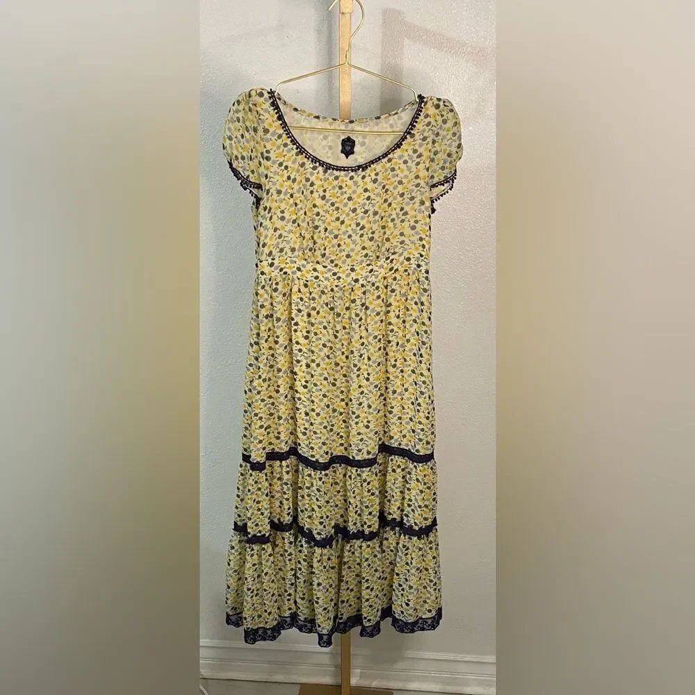 Ochirly -Floral Tiered Midi Dress Blue Yellow Boho Cottagecore Size M